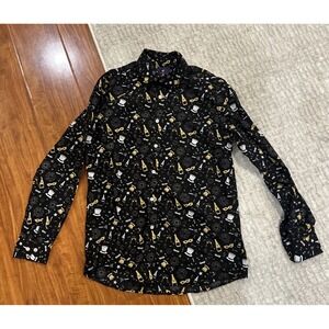 Simon Banks Button LS Shirt Mens M Black Gold New Years Eve Party All Over Print